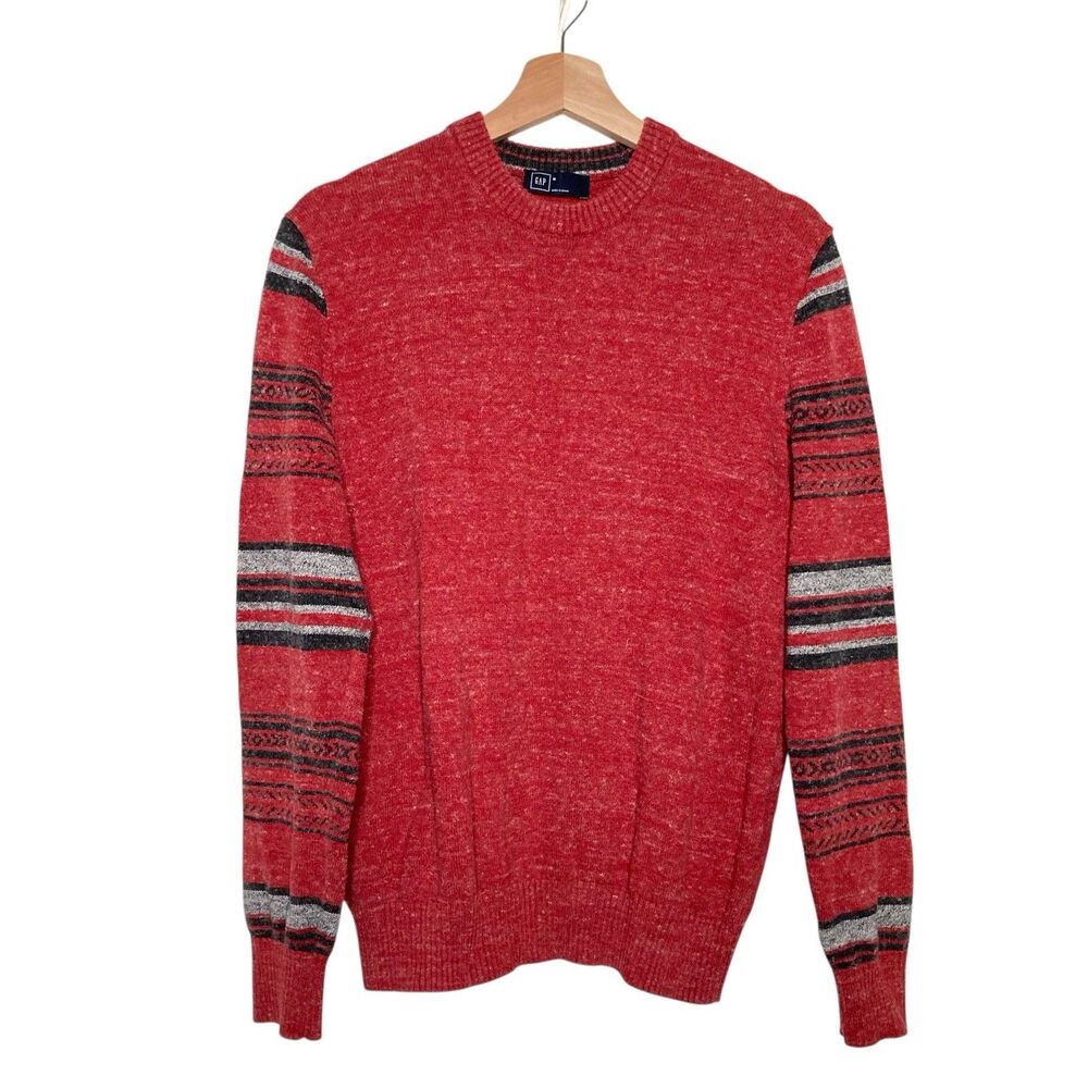 GAP Men’s Red Marled Crewneck Sweater Striped Sleeves Career Size Medium